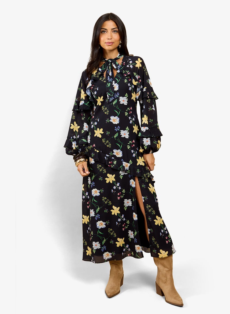 Little Mistress Floral Frill Midi Dress - Image 1